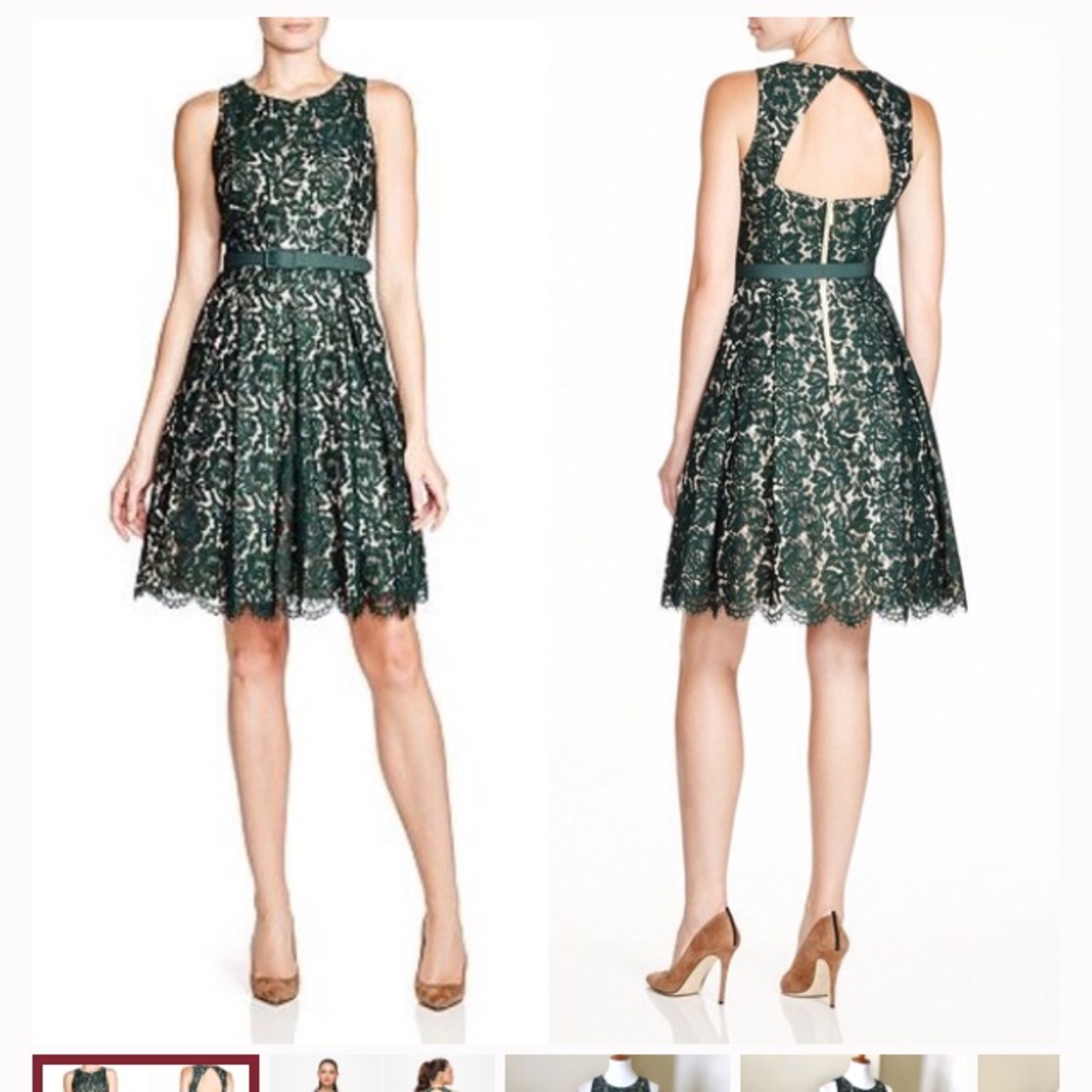 Open back, green and nude lace dress
